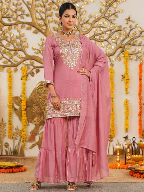 women solid with work three quarter sleeve kurta sharara with dupatta set - 22072072 -  Standard Image - 0