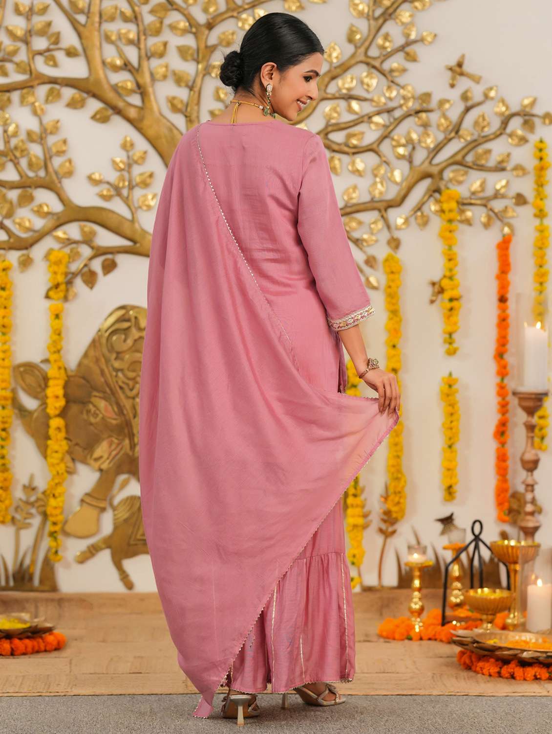 women solid with work three quarter sleeve kurta sharara with dupatta set - 22072072 -  Standard Image - 1