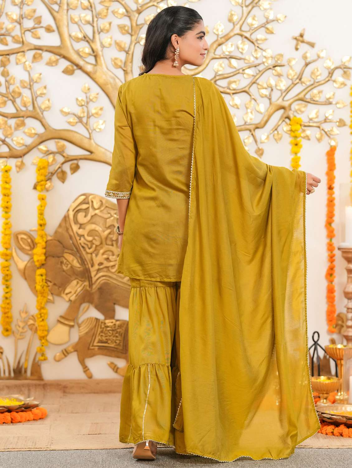 women solid with work three quarter sleeve kurta sharara with dupatta set - 22072073 -  Standard Image - 1
