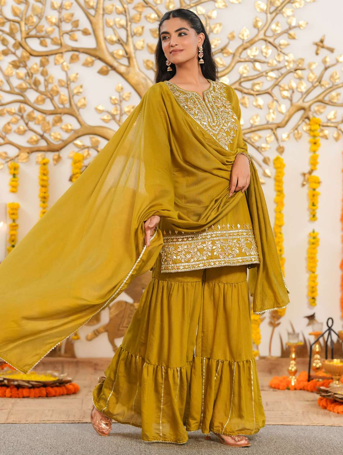 women solid with work three quarter sleeve kurta sharara with dupatta set - 22072074 -  Standard Image - 1