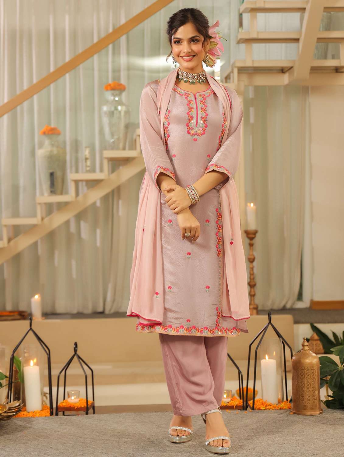 women solid with work three quarter sleeve kurta pant with dupatta set - 22072075 -  Standard Image - 1