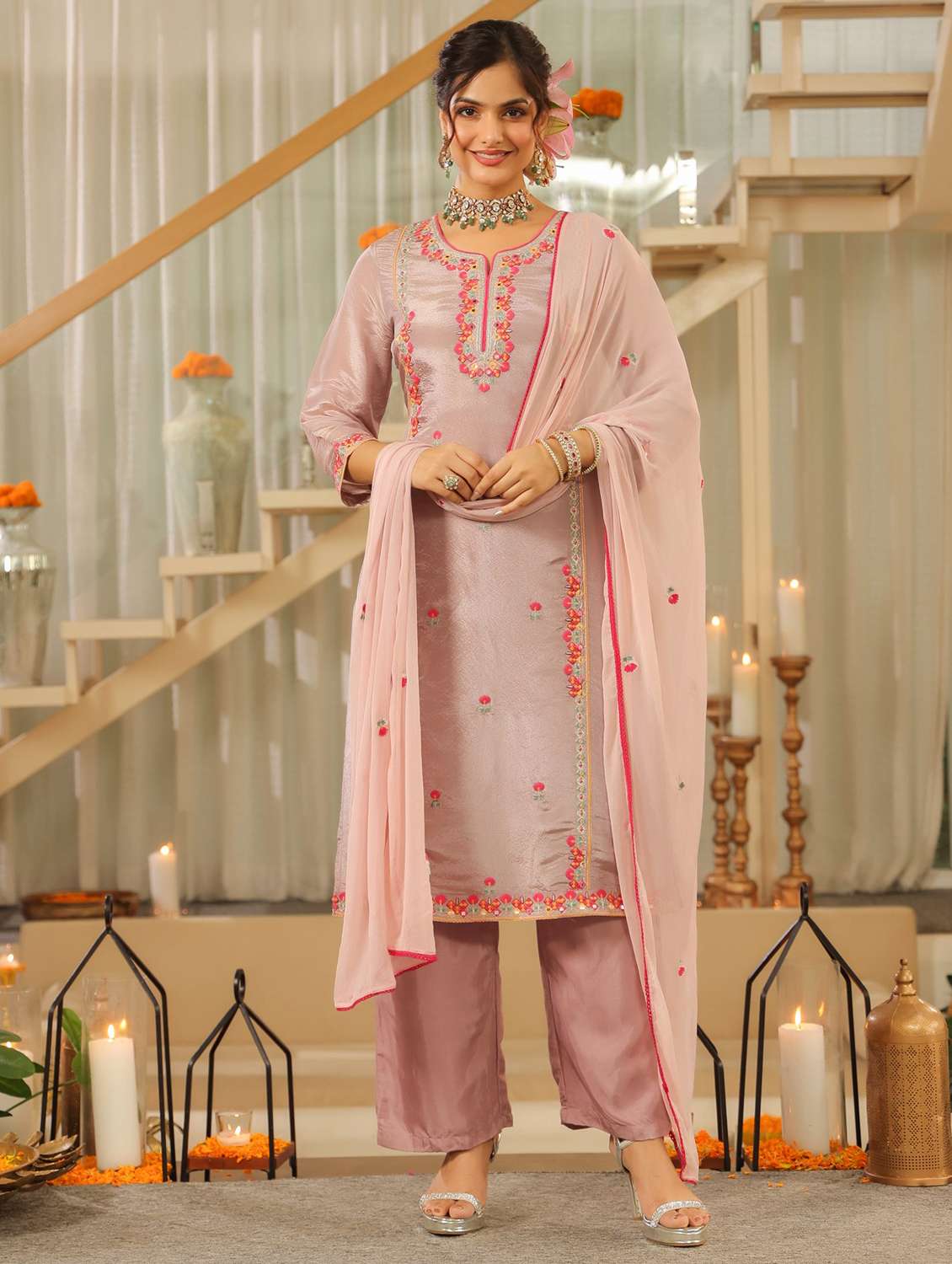women solid with work three quarter sleeve kurta pant with dupatta set - 22072075 -  Standard Image - 4