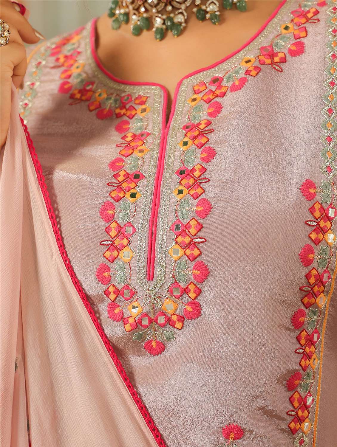 women solid with work three quarter sleeve kurta pant with dupatta set - 22072075 -  Standard Image - 6