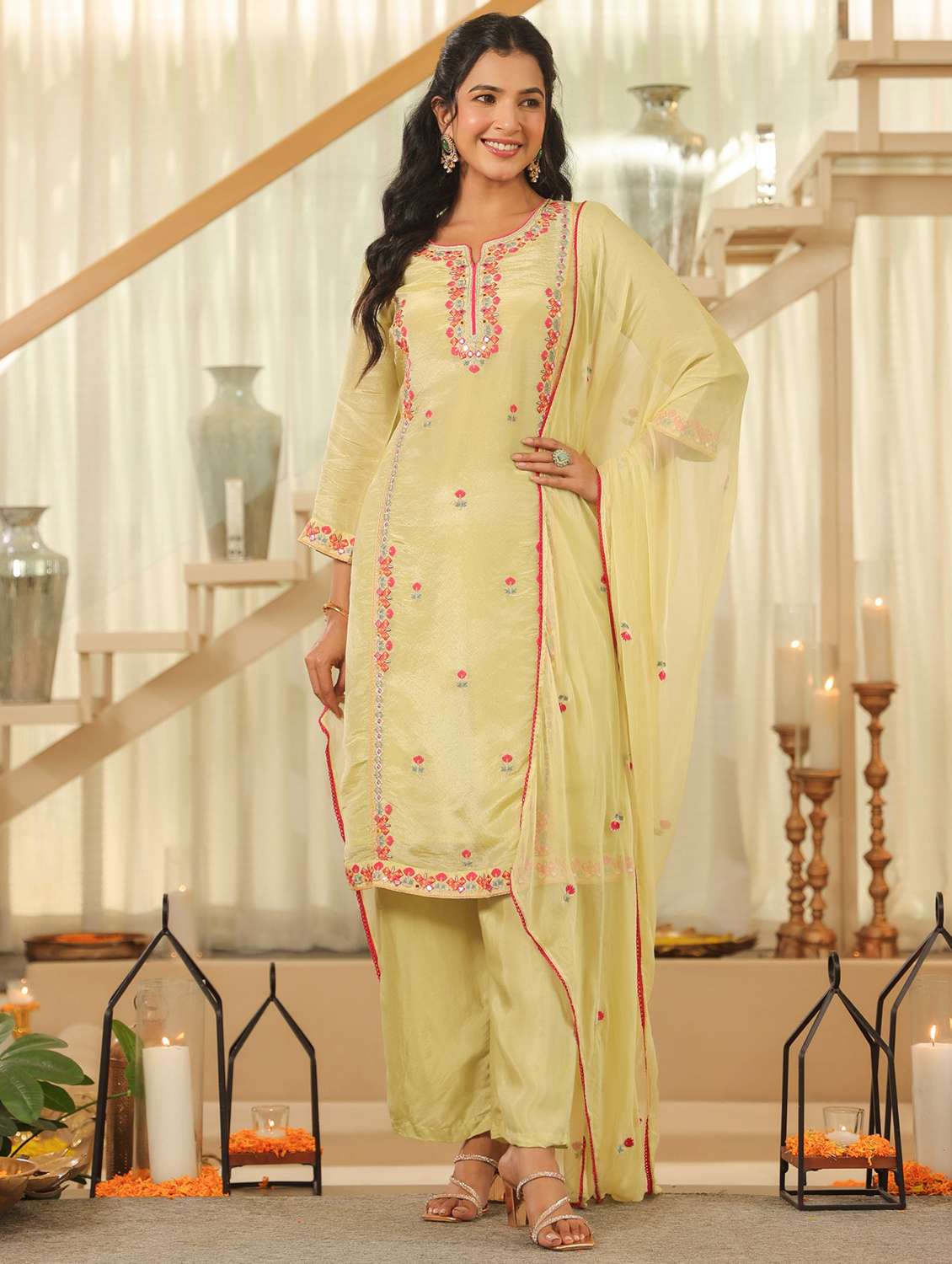 women solid with work three quarter sleeve kurta pant with dupatta set