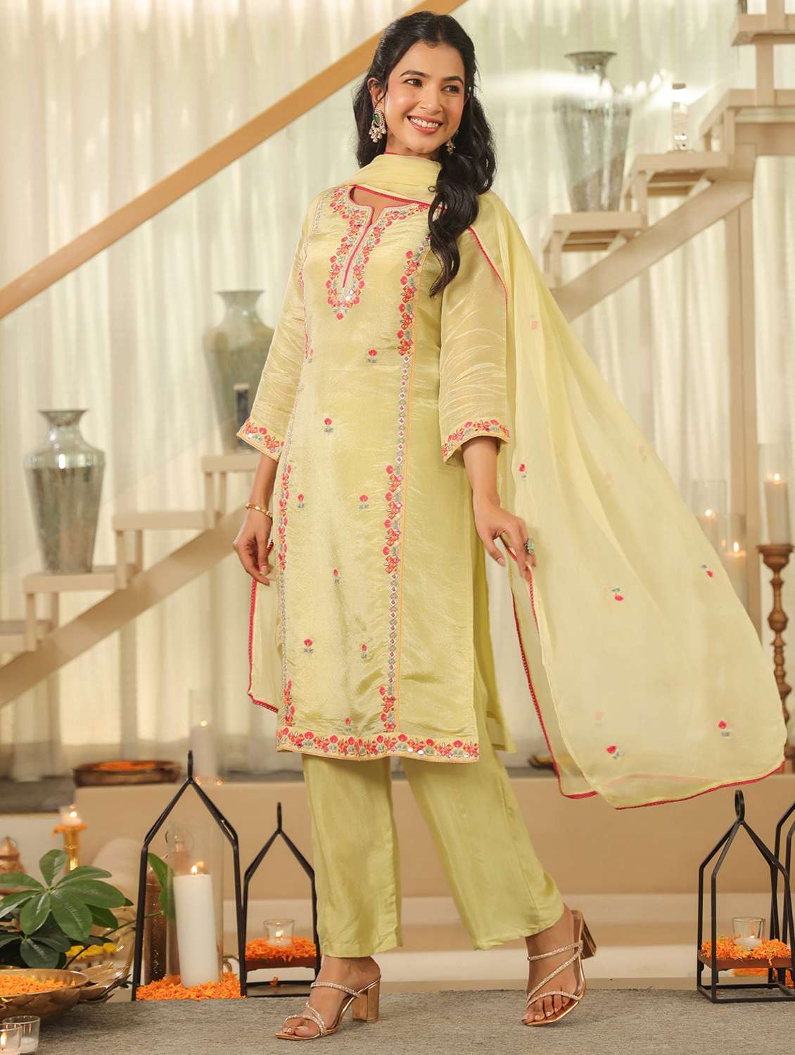 women solid with work three quarter sleeve kurta pant with dupatta set - 22072076 -  Standard Image - 1