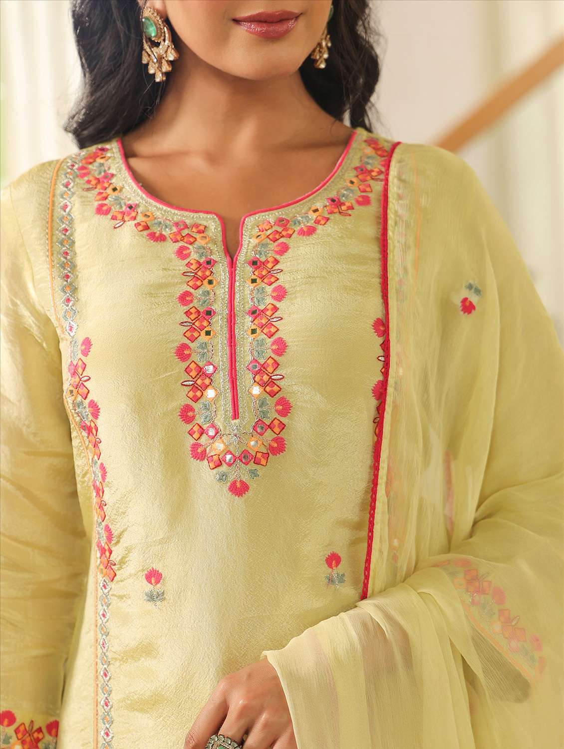 women solid with work three quarter sleeve kurta pant with dupatta set - 22072076 -  Standard Image - 6