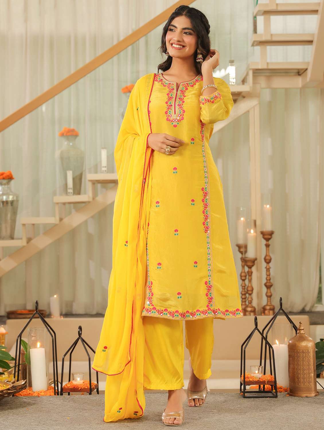 women solid with work three quarter sleeve kurta pant with dupatta set - 22072077 -  Standard Image - 1