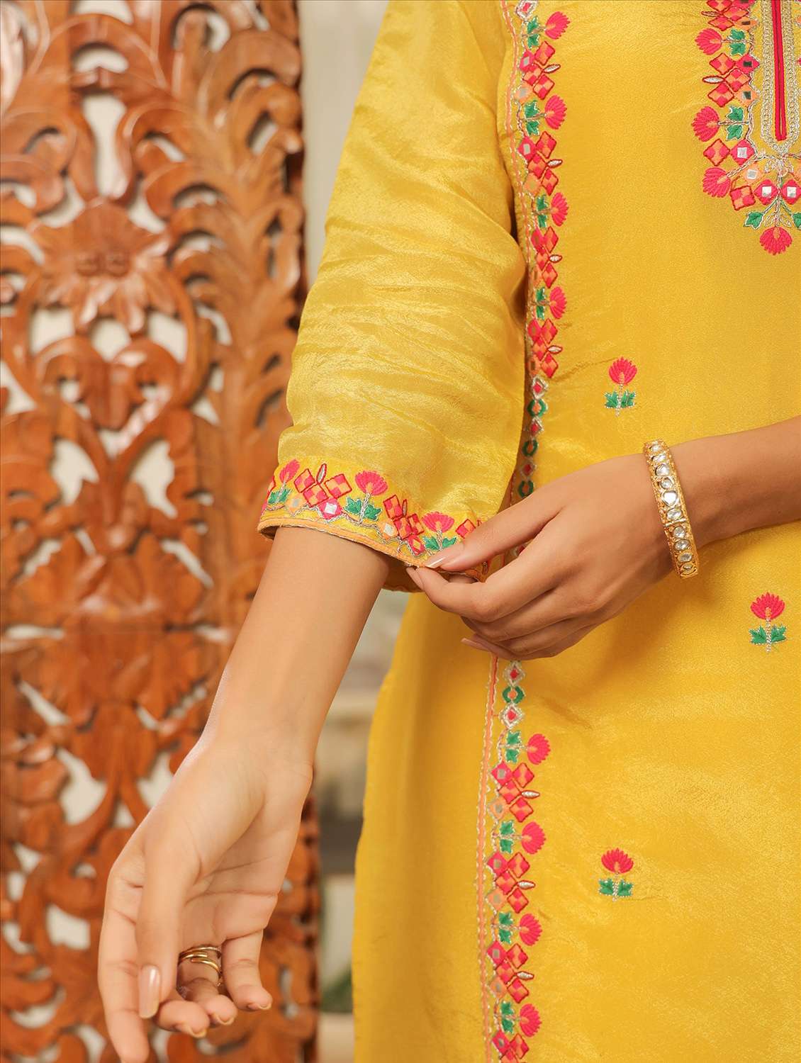 women solid with work three quarter sleeve kurta pant with dupatta set - 22072077 - Standard Image - 6