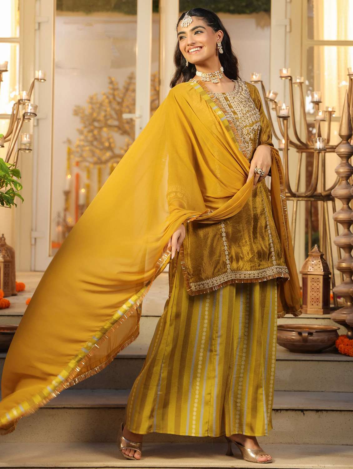 women solid with work three quarter sleeve kurta sharara with dupatta set - 22072078 -  Standard Image - 1