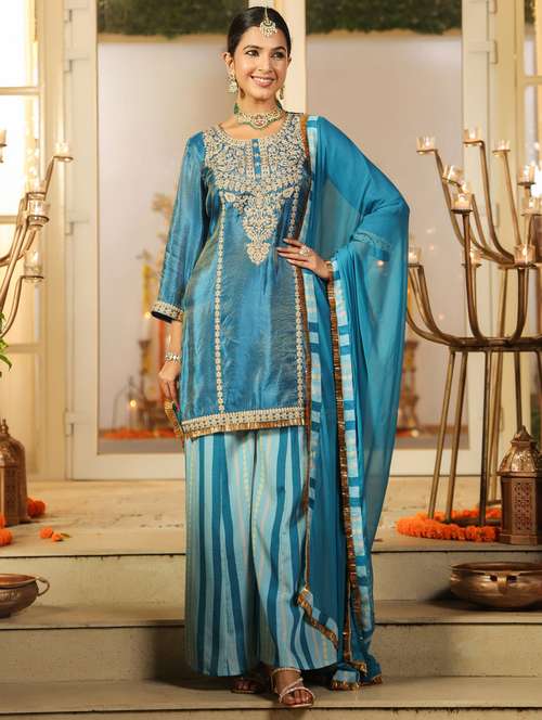 women solid with work three quarter sleeve kurta sharara with dupatta set - 22072079 -  Standard Image - 0