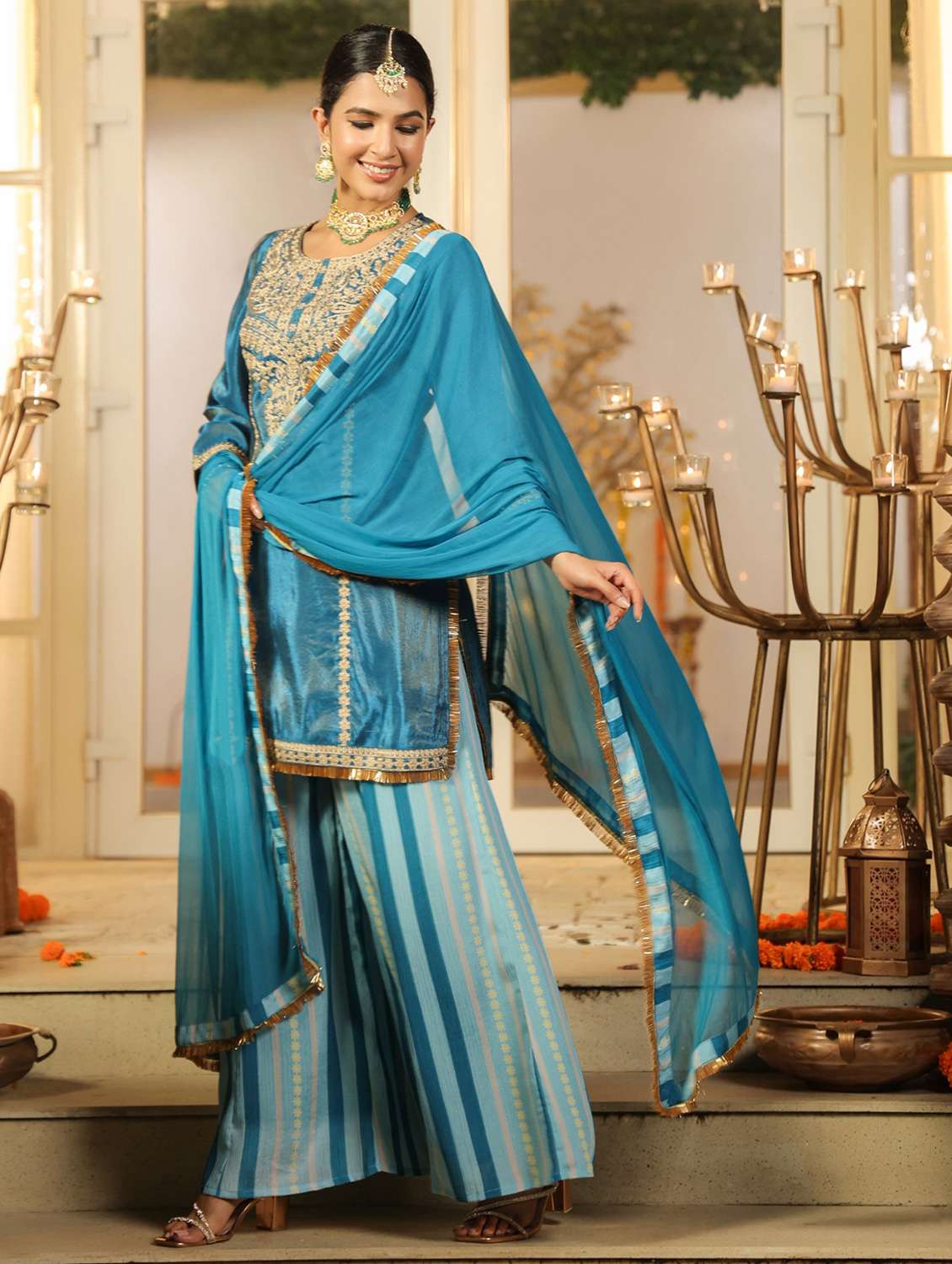 women solid with work three quarter sleeve kurta sharara with dupatta set - 22072079 -  Standard Image - 1