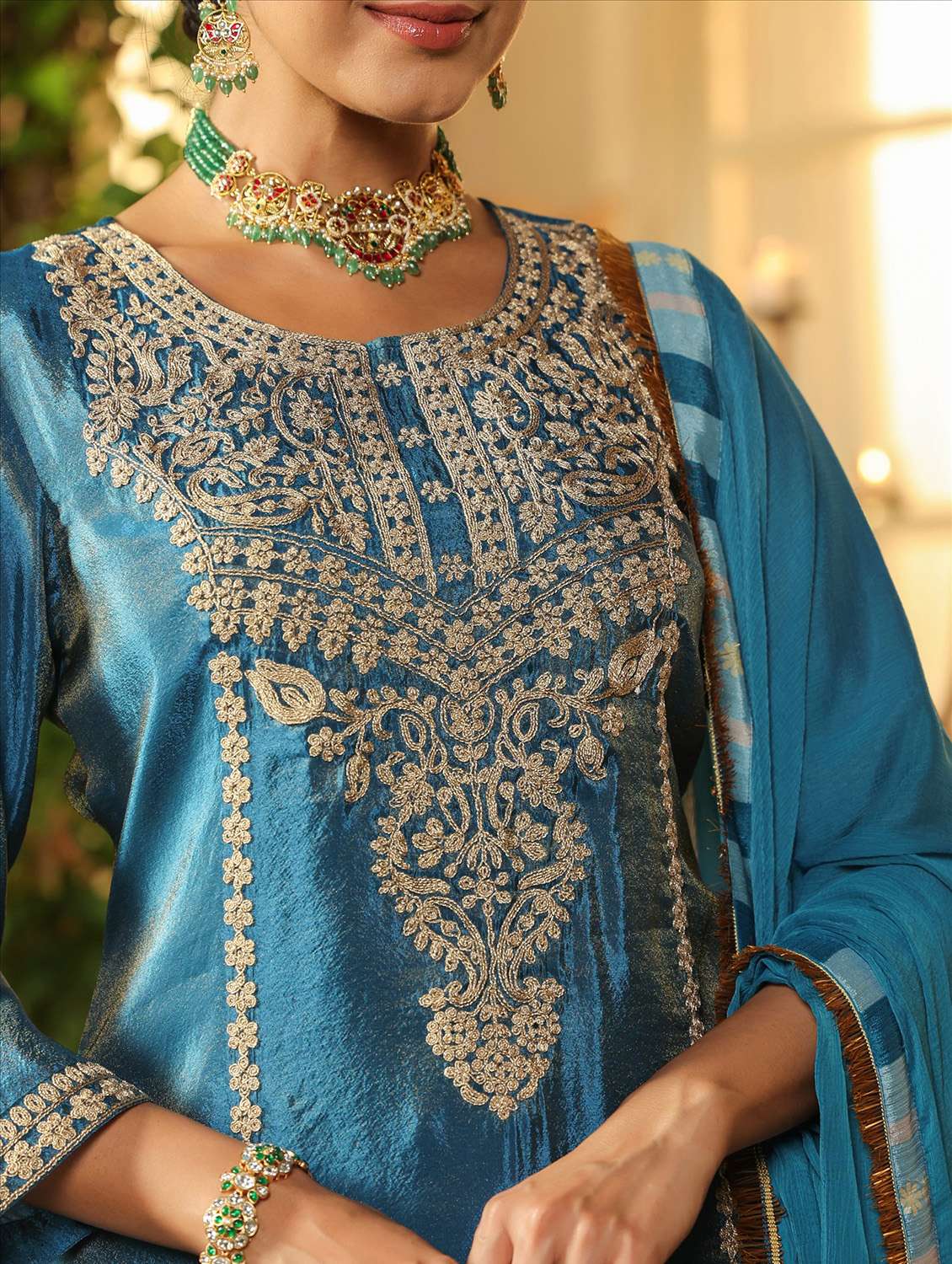 women solid with work three quarter sleeve kurta sharara with dupatta set - 22072079 -  Standard Image - 6