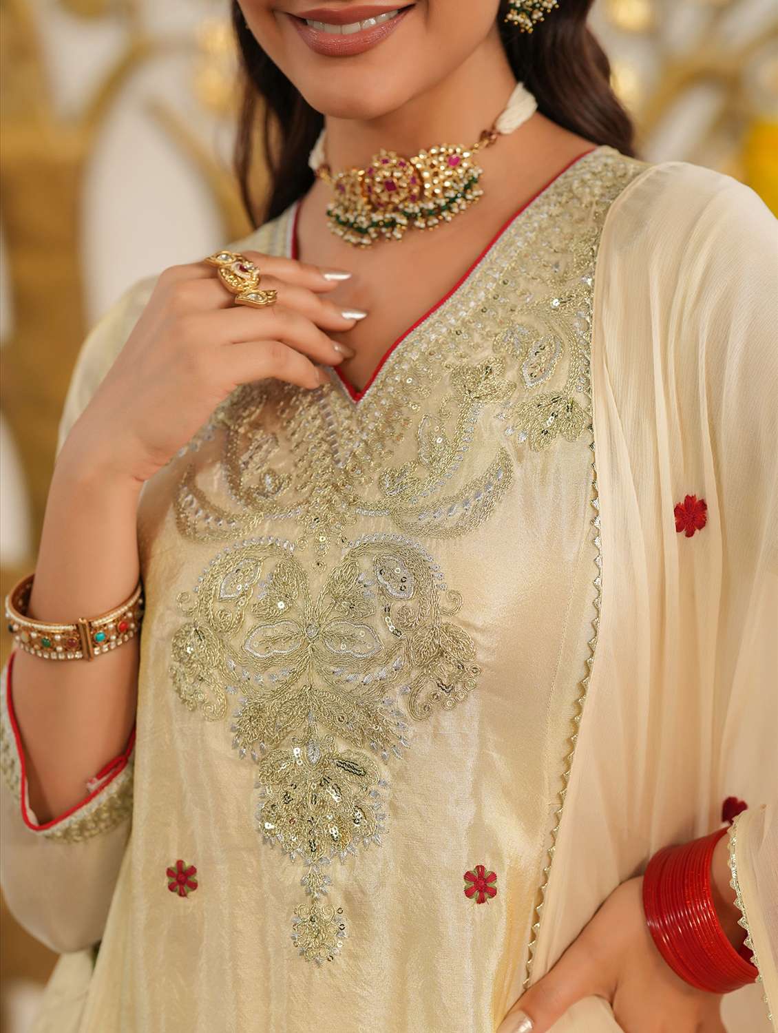 women solid with work three quarter sleeve kurta salwar with dupatta set - 22072080 -  Standard Image - 6