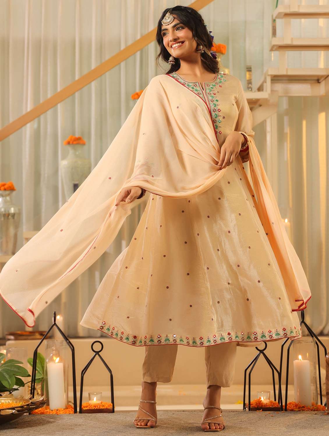 women solid with work three quarter sleeve kurta pant with dupatta set - 22072081 -  Standard Image - 1