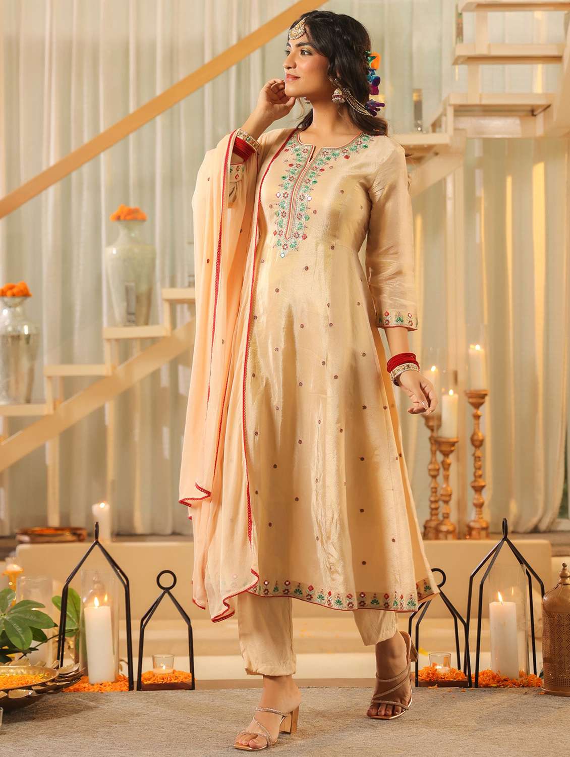 women solid with work three quarter sleeve kurta pant with dupatta set - 22072081 -  Standard Image - 4