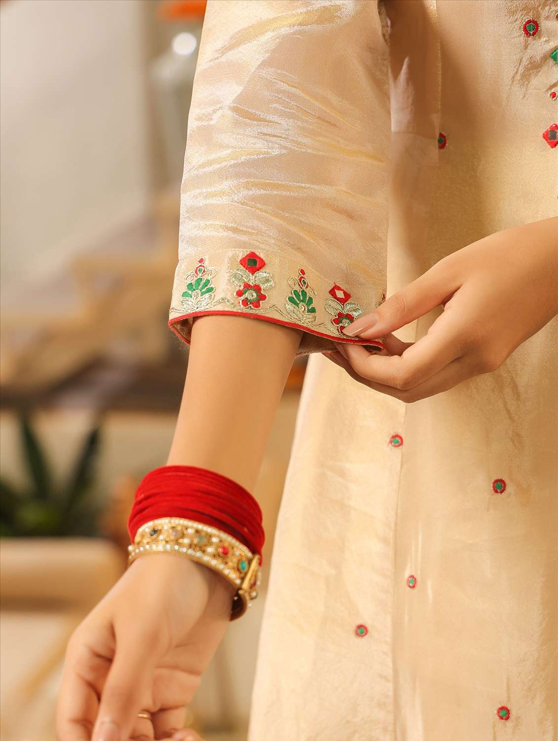 women solid with work three quarter sleeve kurta pant with dupatta set - 22072081 -  Standard Image - 6