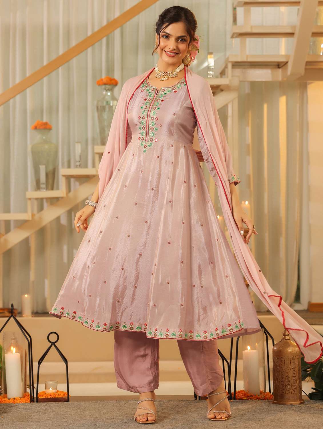 women solid with work three quarter sleeve kurta pant with dupatta set - 22072082 -  Standard Image - 1