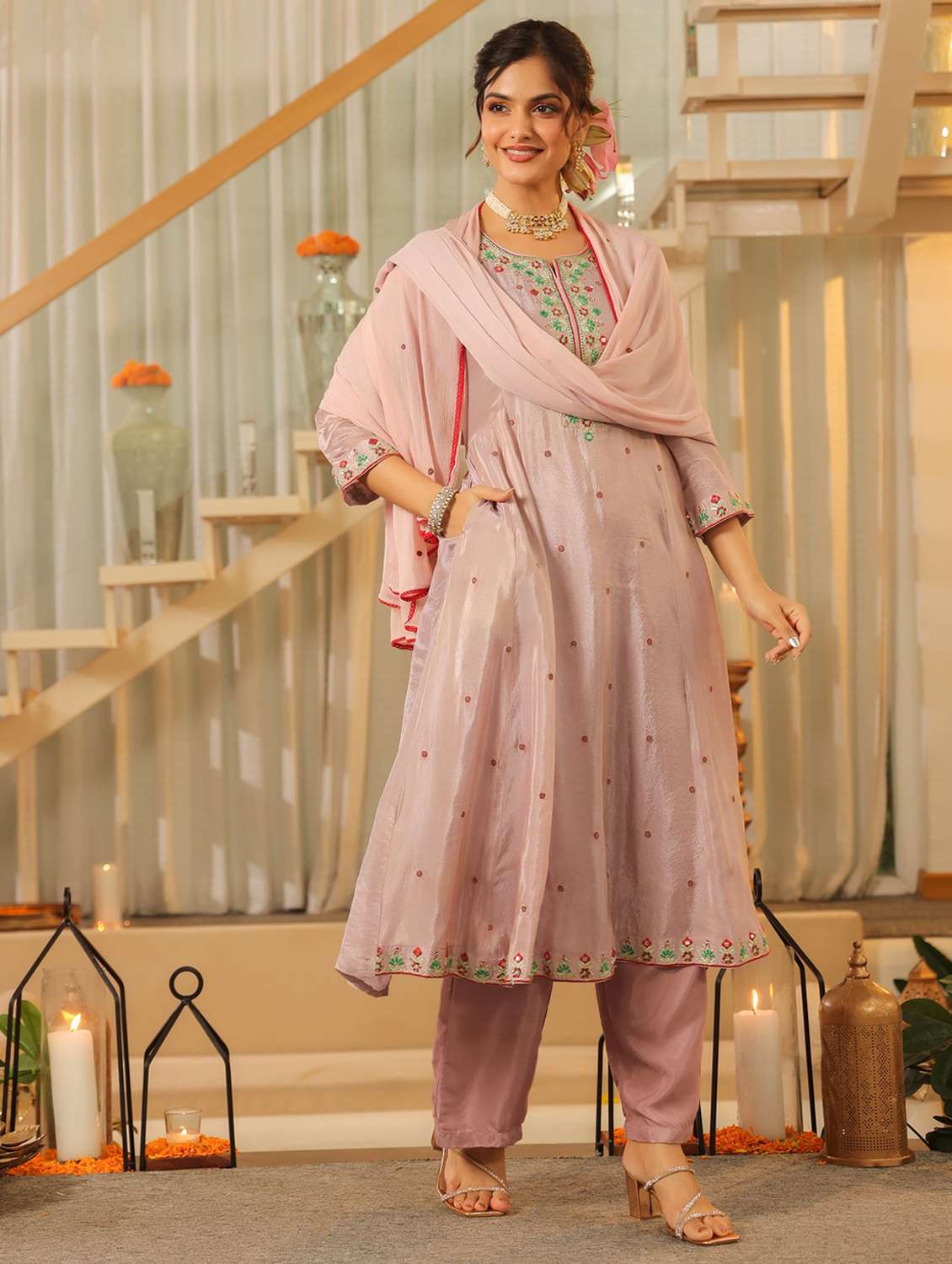 women solid with work three quarter sleeve kurta pant with dupatta set - 22072082 -  Standard Image - 4