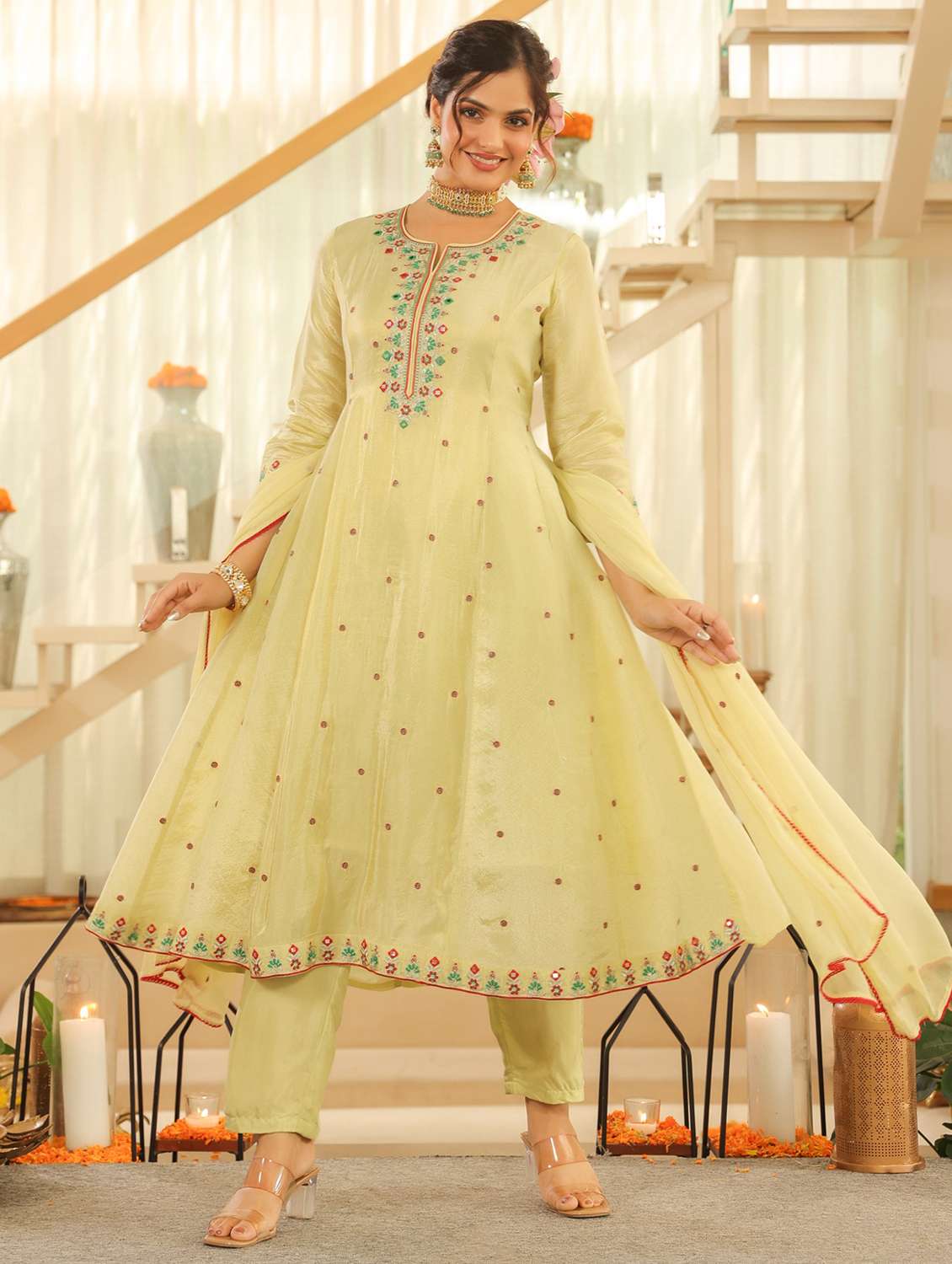 women solid with work three quarter sleeve kurta pant with dupatta set - 22072083 -  Standard Image - 1