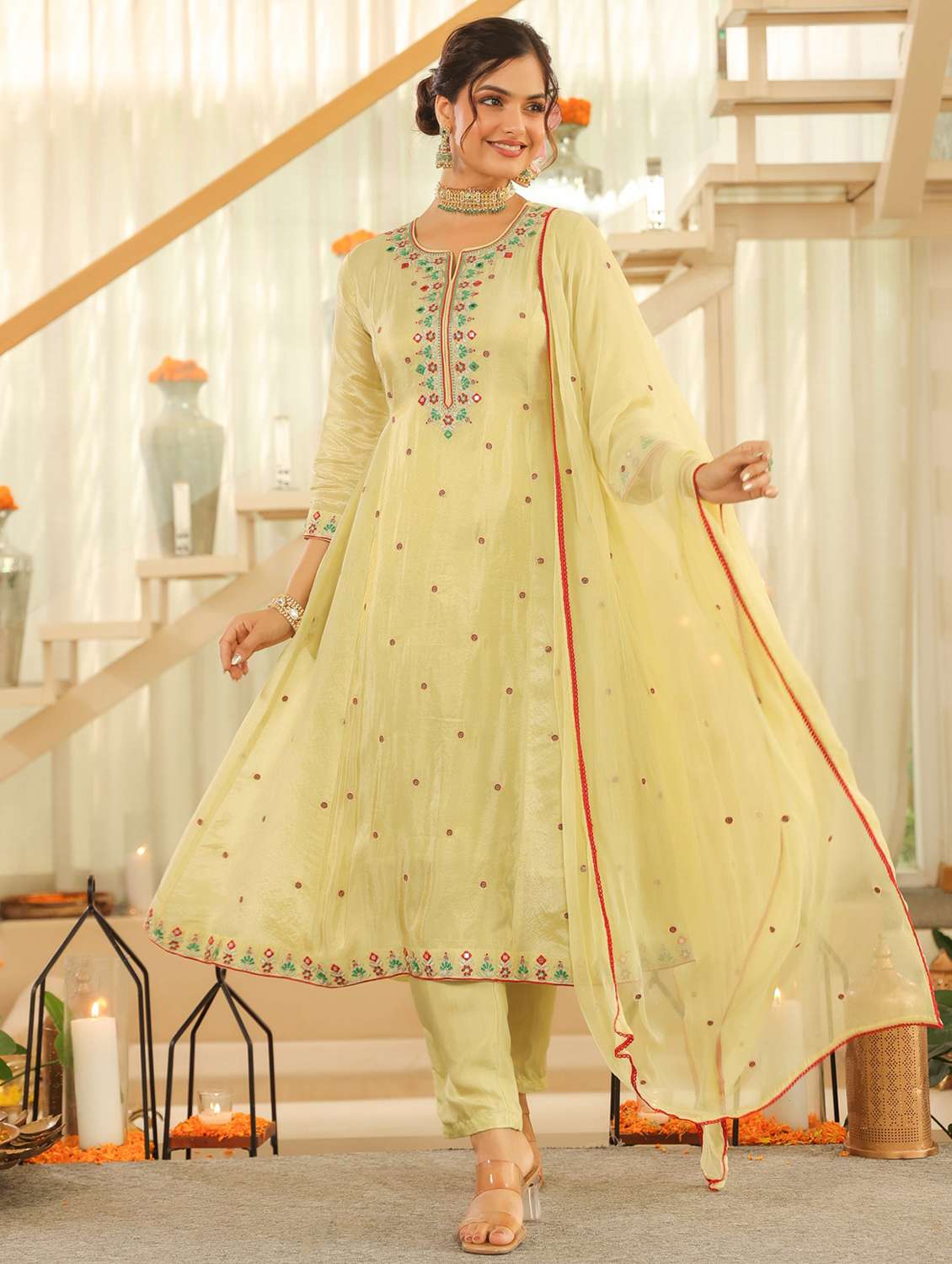 women solid with work three quarter sleeve kurta pant with dupatta set - 22072083 -  Standard Image - 4