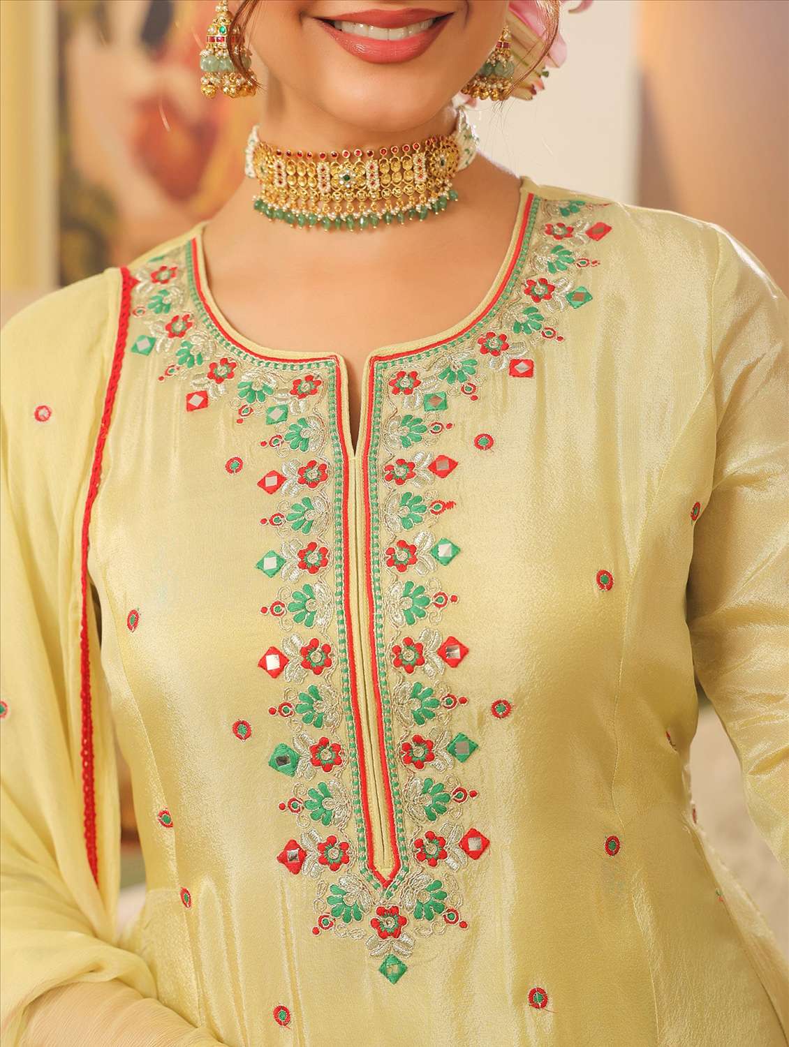 women solid with work three quarter sleeve kurta pant with dupatta set - 22072083 -  Standard Image - 6