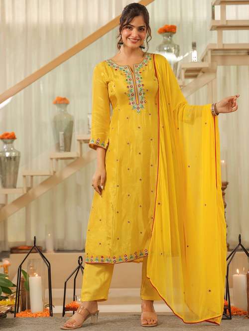 women solid with work three quarter sleeve kurta pant with dupatta set - 22072084 -  Standard Image - 0