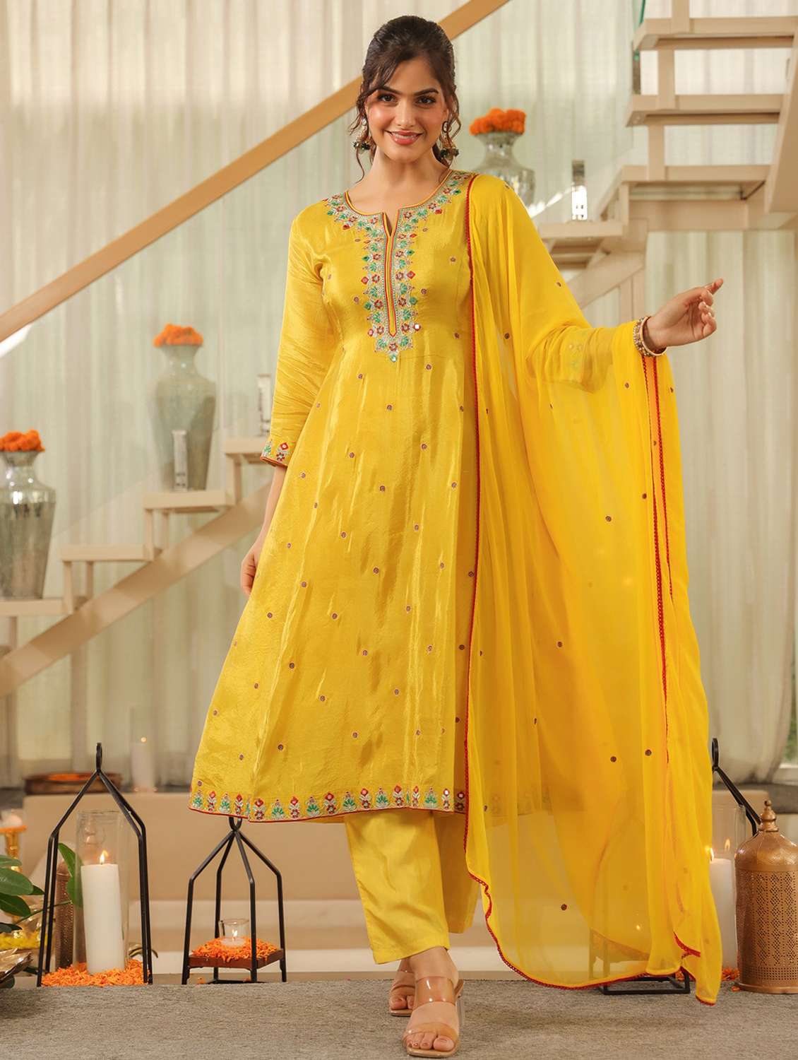 women solid with work three quarter sleeve kurta pant with dupatta set - 22072084 - Standard Image - 1