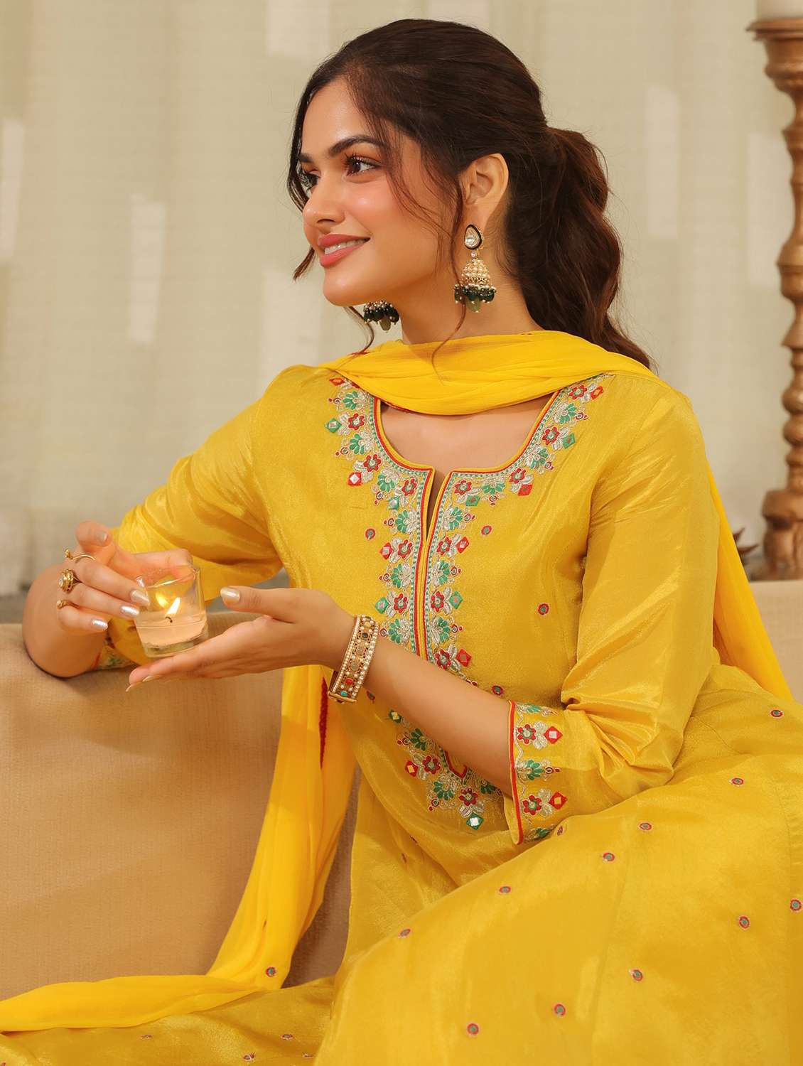 women solid with work three quarter sleeve kurta pant with dupatta set - 22072084 - Standard Image - 4