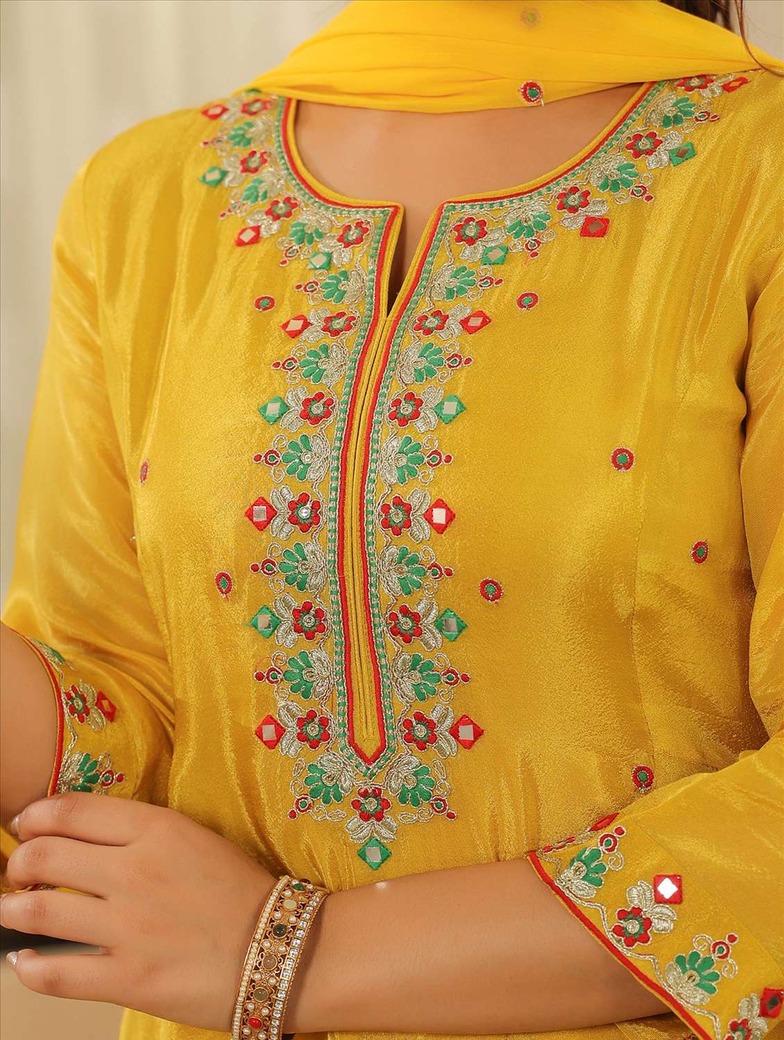 women solid with work three quarter sleeve kurta pant with dupatta set - 22072084 - Standard Image - 6