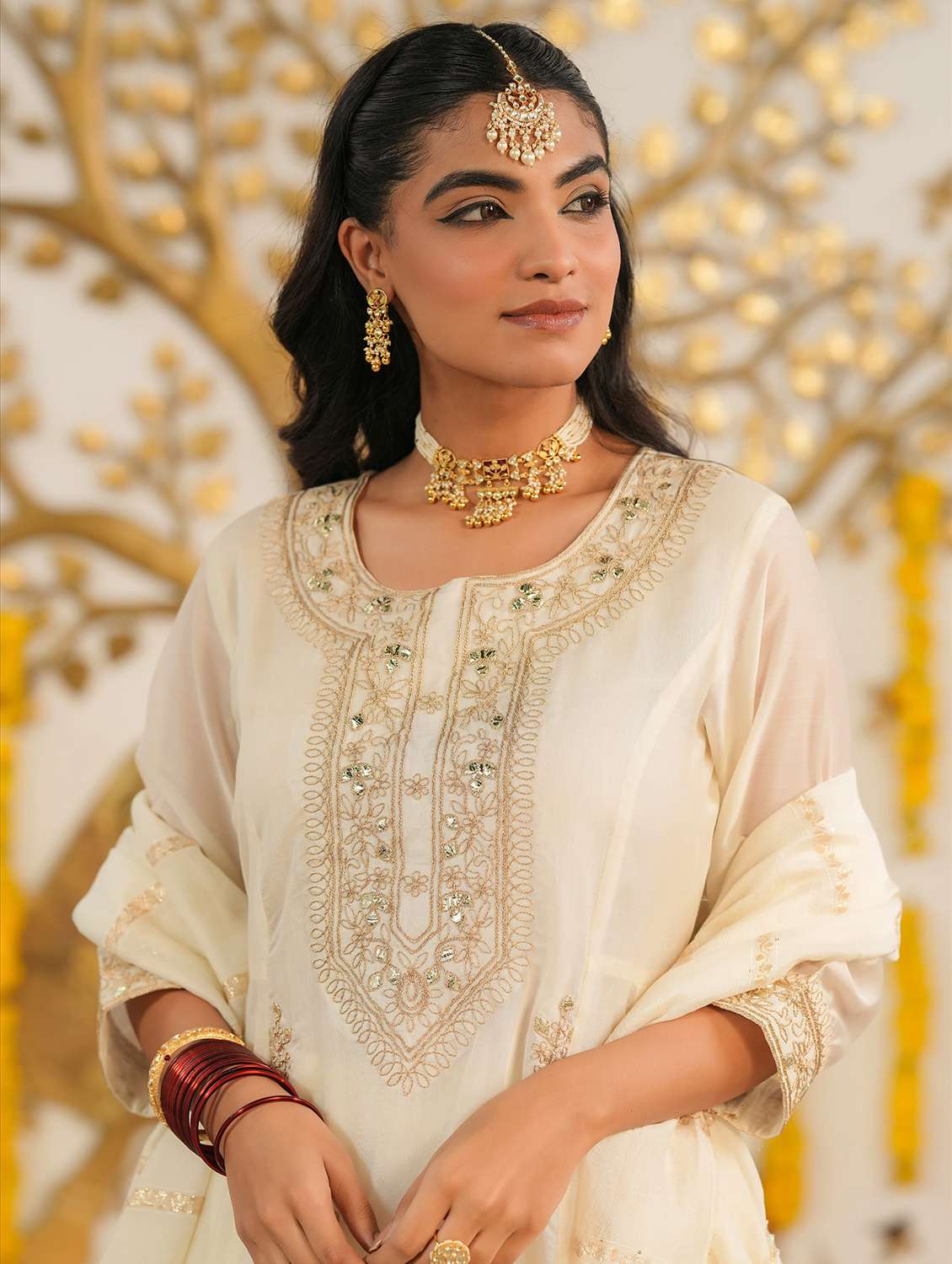 women solid with work three quarter sleeve kurta pant with dupatta set - 22072086 - Standard Image - 4