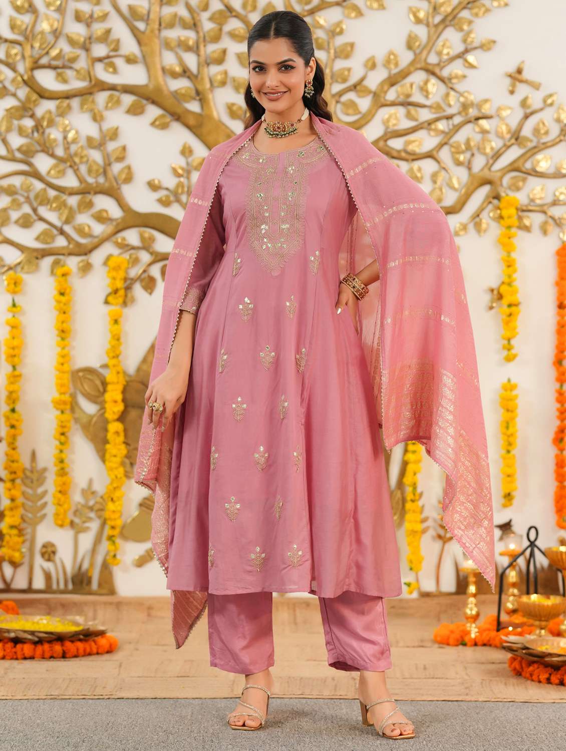 women solid with work three quarter sleeve kurta pant with dupatta set - 22072087 -  Standard Image - 1