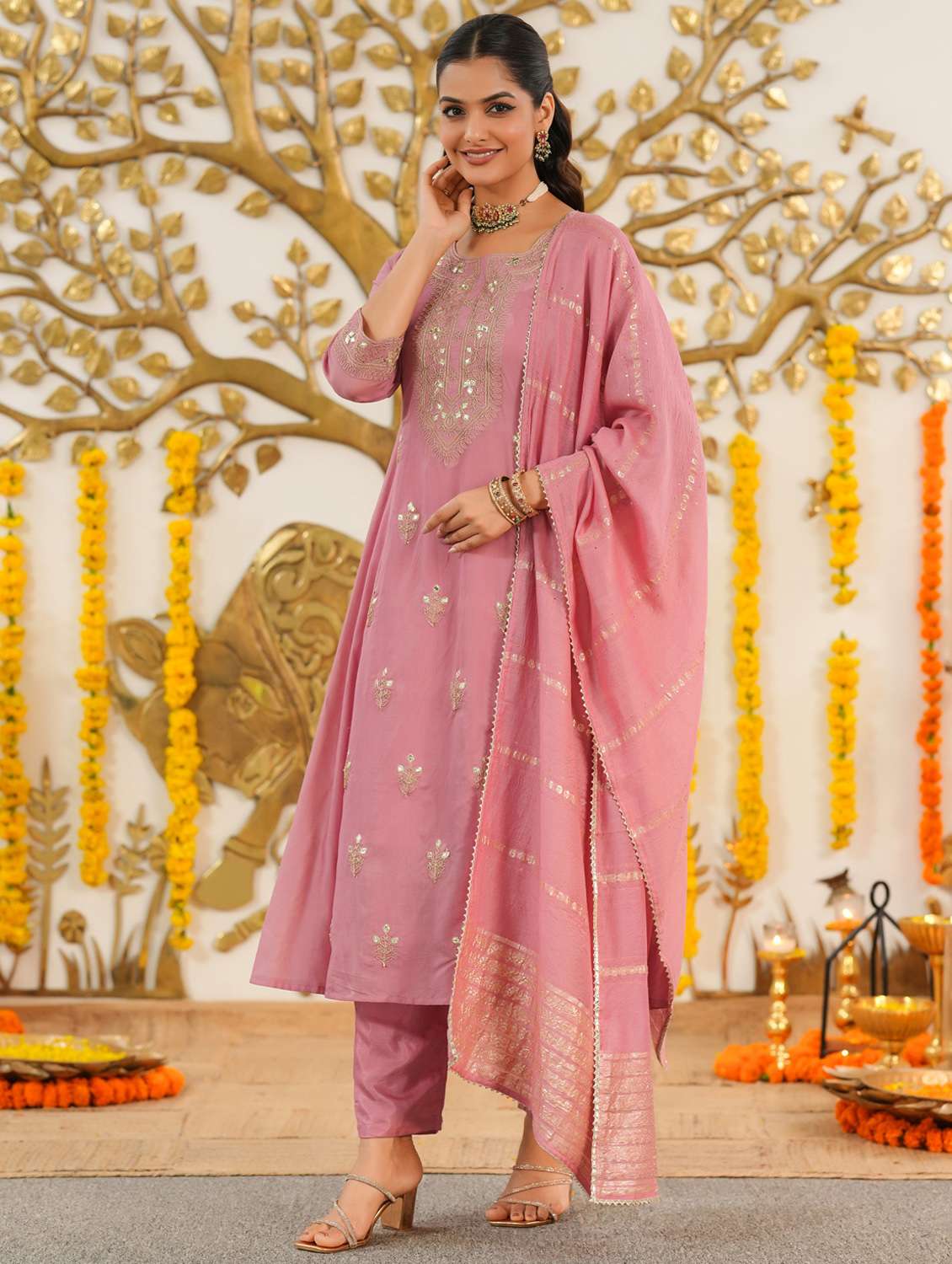women solid with work three quarter sleeve kurta pant with dupatta set - 22072087 -  Standard Image - 4