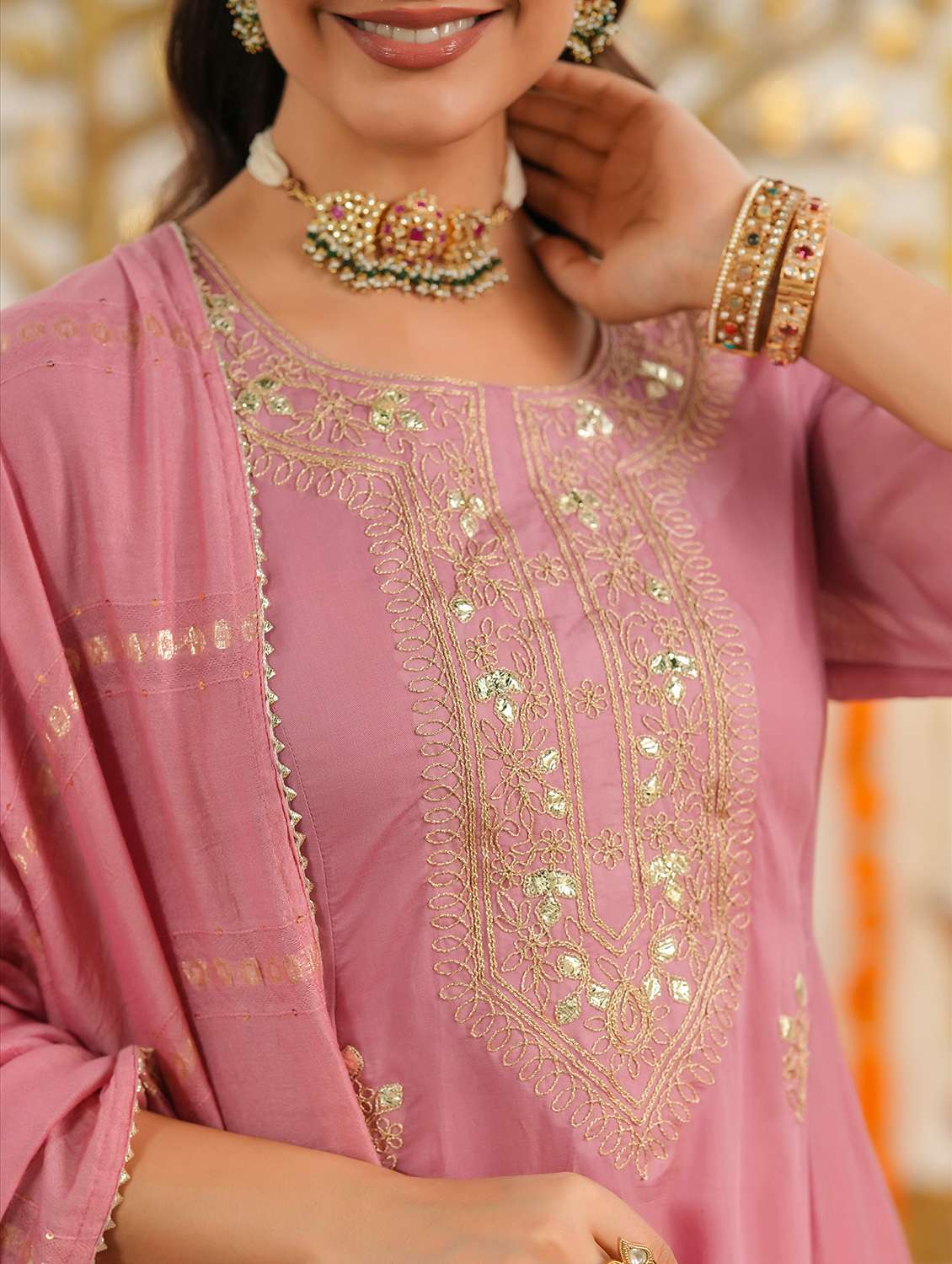 women solid with work three quarter sleeve kurta pant with dupatta set - 22072087 -  Standard Image - 6