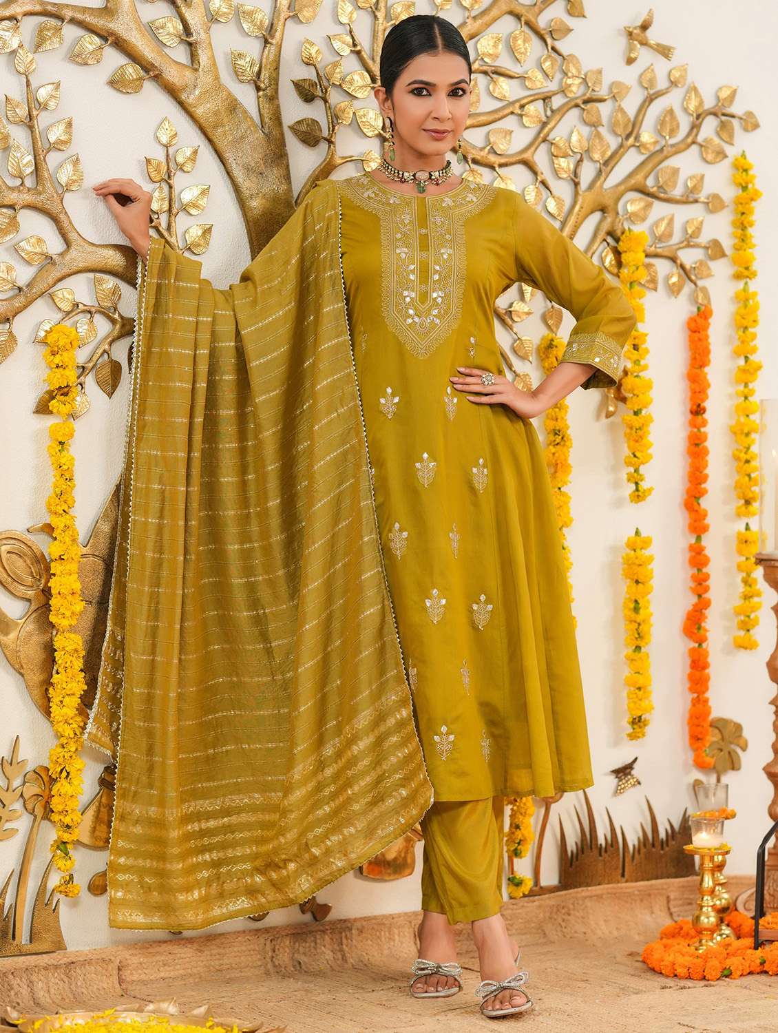 women solid with work three quarter sleeve kurta pant with dupatta set - 22072088 -  Standard Image - 1