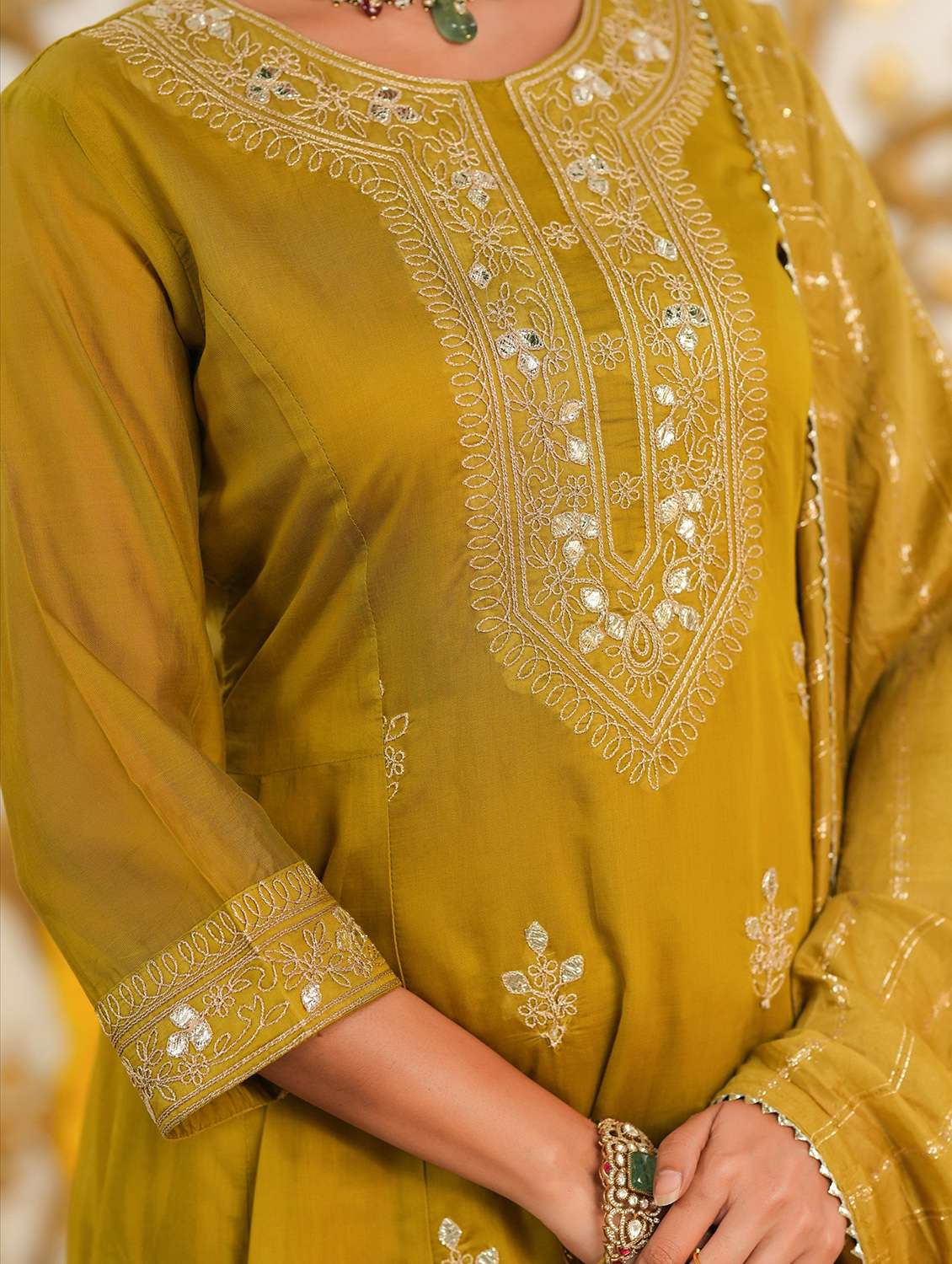 women solid with work three quarter sleeve kurta pant with dupatta set - 22072088 -  Standard Image - 6