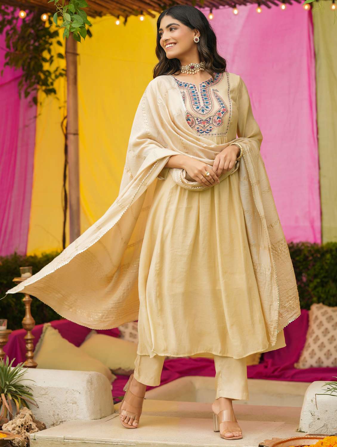 women solid with work three quarter sleeve kurta pant with dupatta set - 22072089 - Standard Image - 1