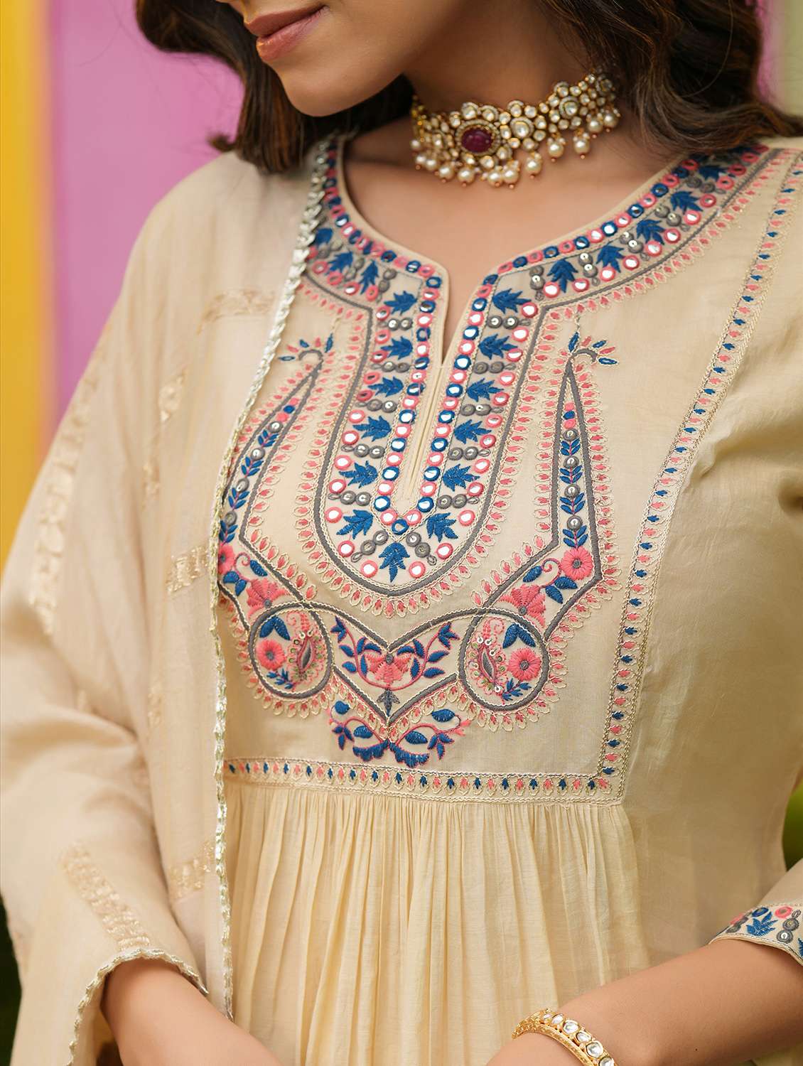 women solid with work three quarter sleeve kurta pant with dupatta set - 22072089 - Standard Image - 6