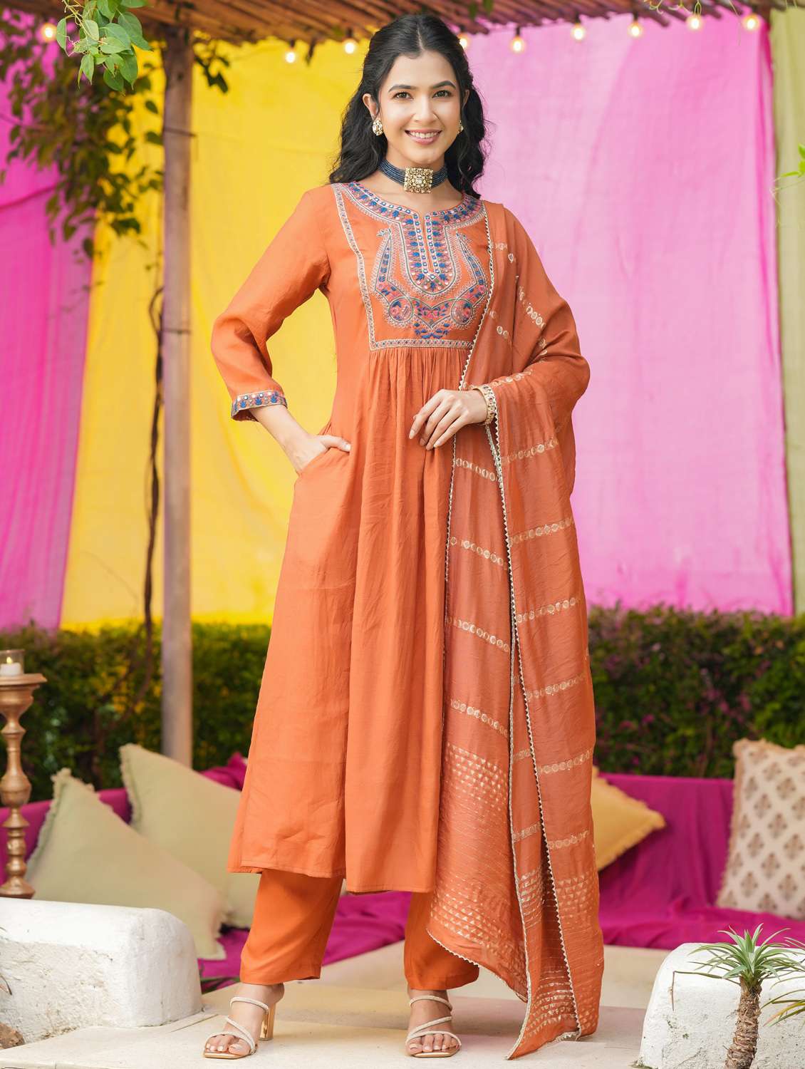 women solid with work three quarter sleeve kurta pant with dupatta set