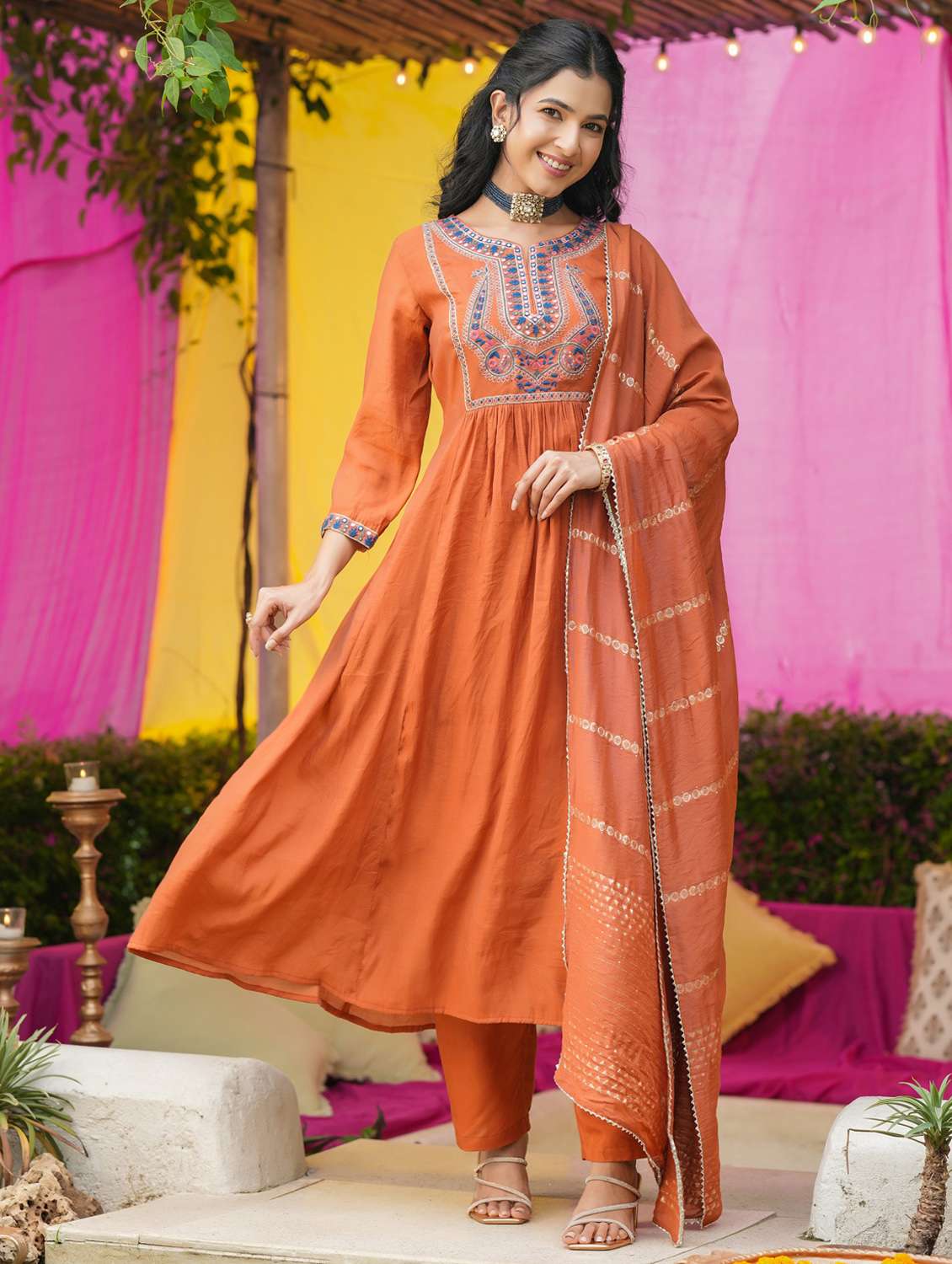 women solid with work three quarter sleeve kurta pant with dupatta set - 22072090 - Standard Image - 1