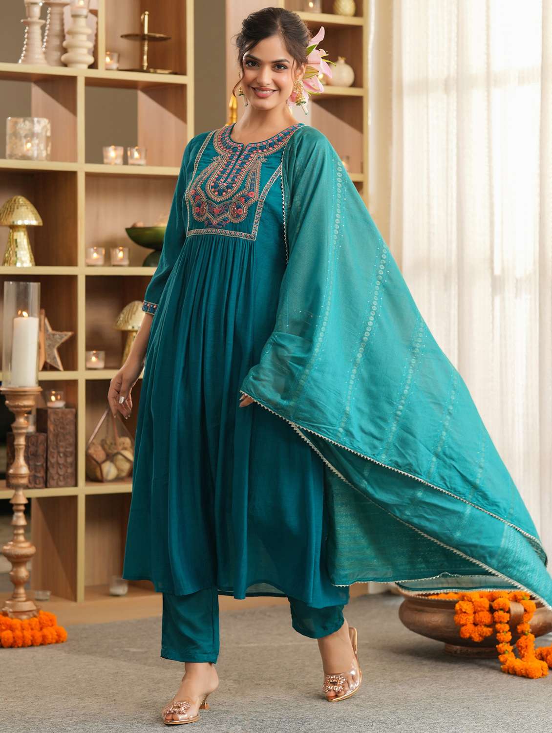 women solid with work three quarter sleeve kurta pant with dupatta set - 22072091 -  Standard Image - 1