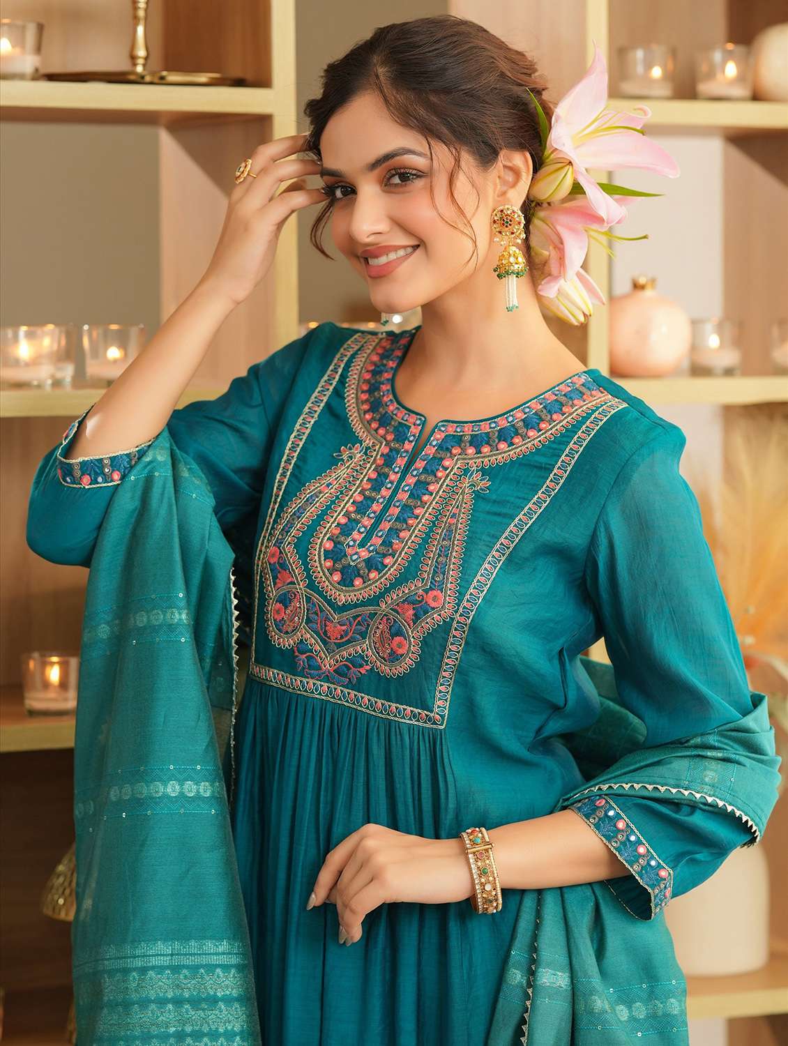 women solid with work three quarter sleeve kurta pant with dupatta set - 22072091 -  Standard Image - 6