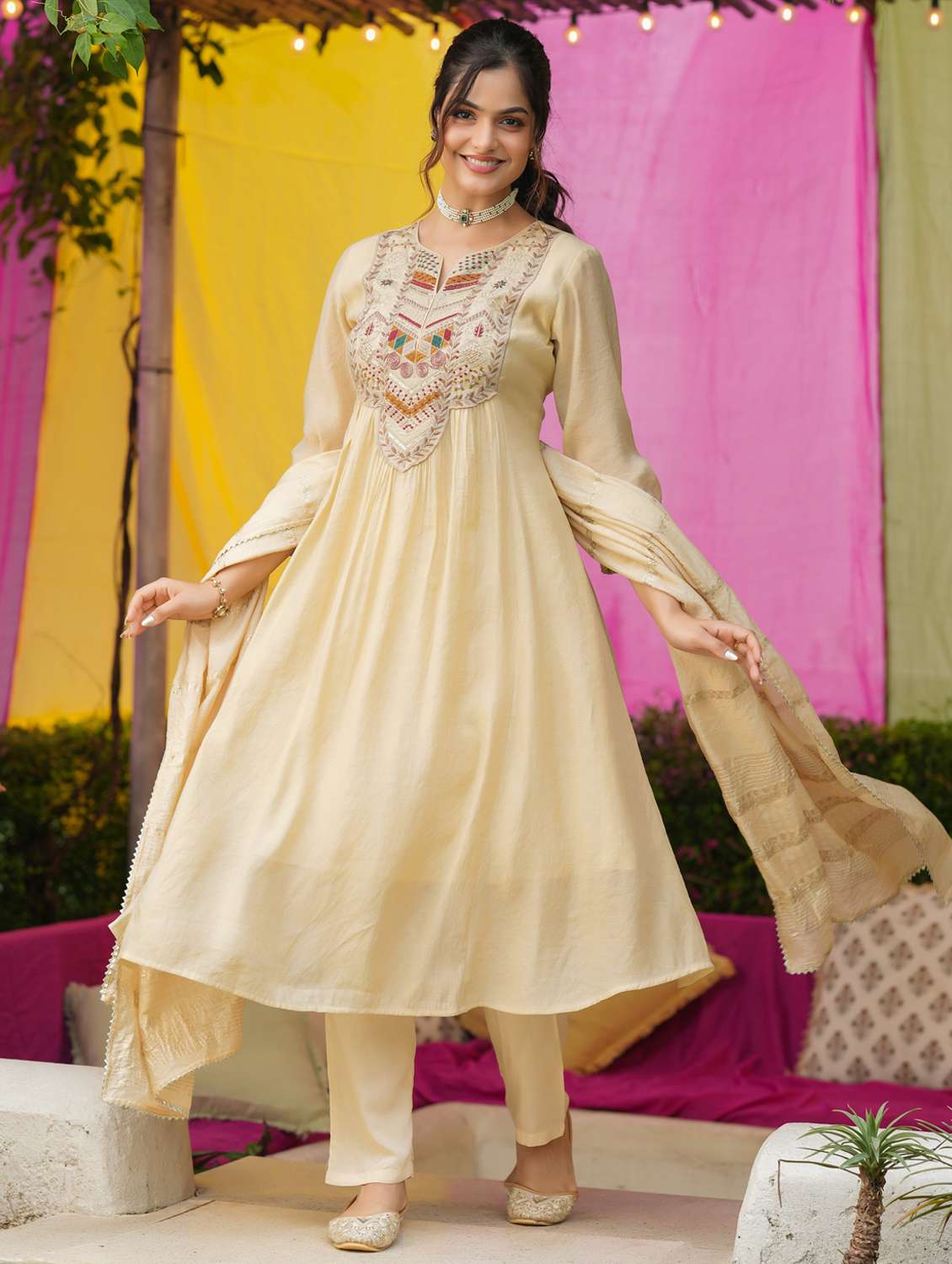 women solid with work three quarter sleeve kurta pant with dupatta set - 22072092 -  Standard Image - 1