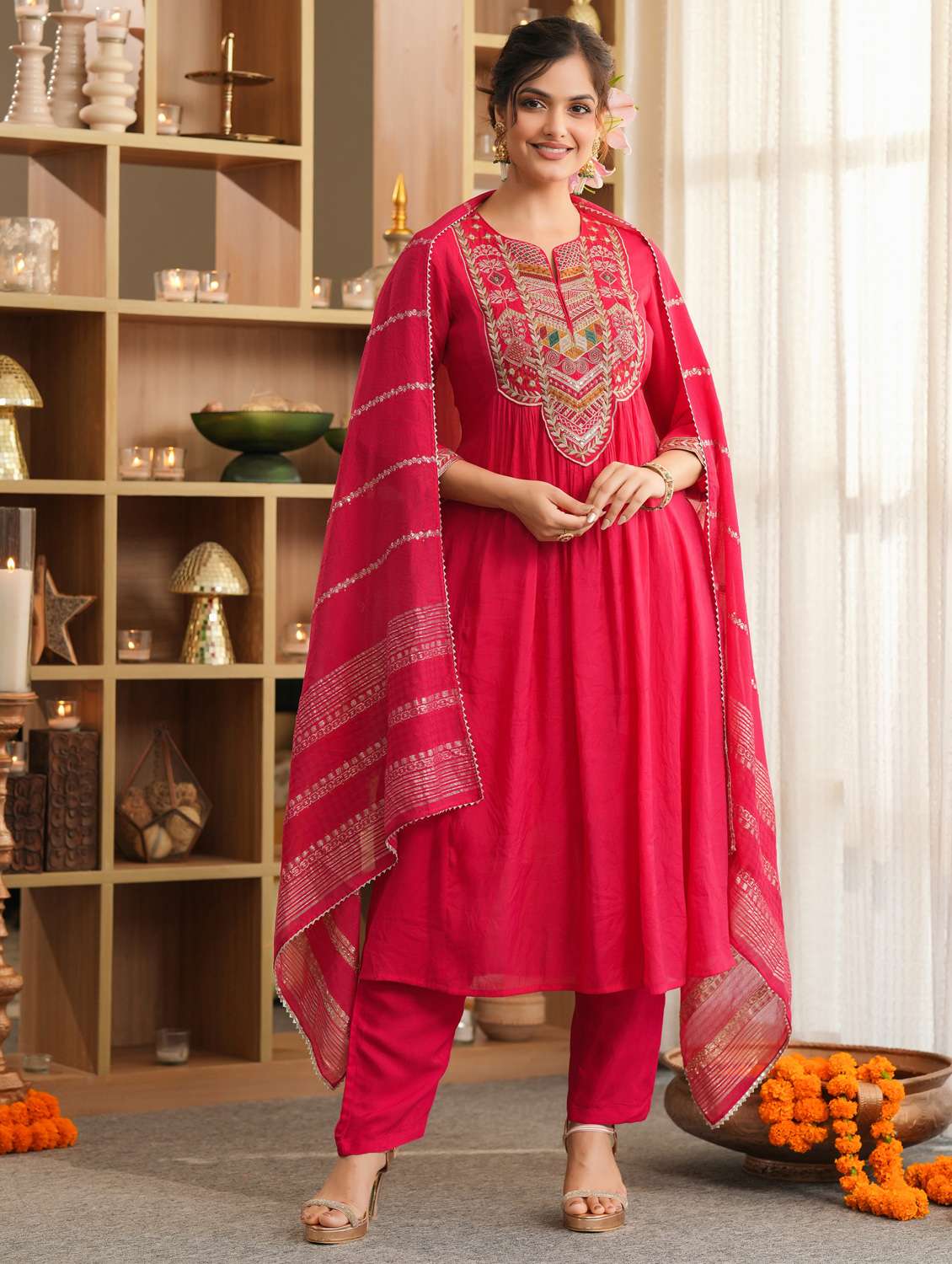 women solid with work three quarter sleeve kurta pant with dupatta set - 22072093 -  Standard Image - 1