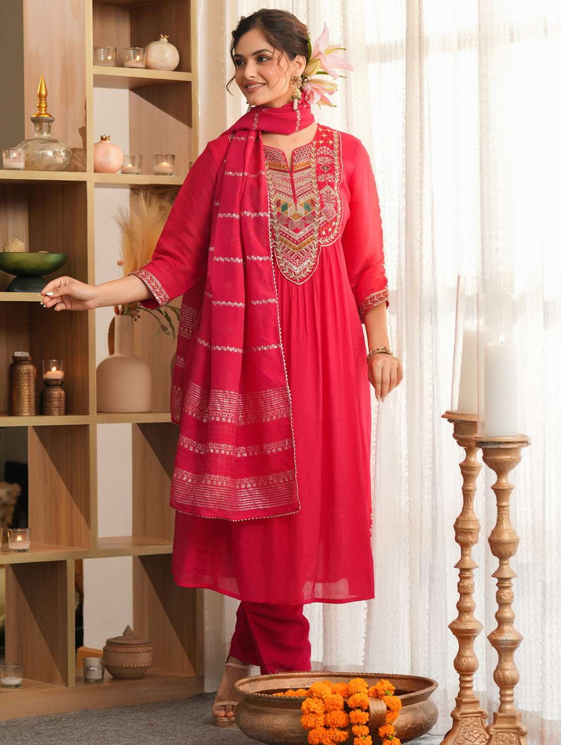 women solid with work three quarter sleeve kurta pant with dupatta set - 22072093 -  Standard Image - 4