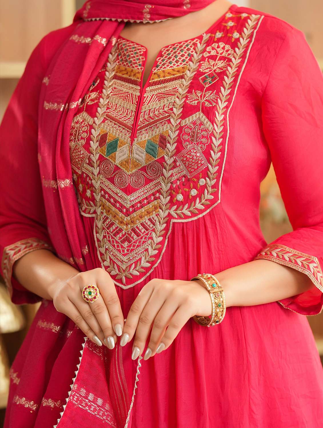 women solid with work three quarter sleeve kurta pant with dupatta set - 22072093 -  Standard Image - 6