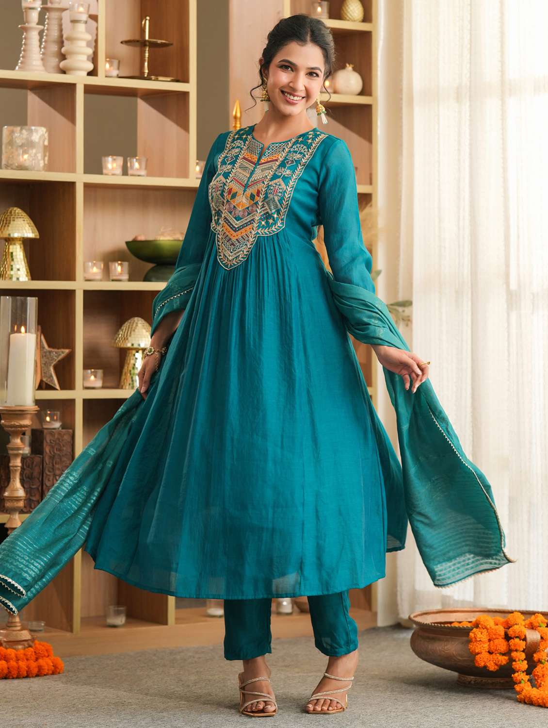 women solid with work three quarter sleeve kurta pant with dupatta set - 22072094 -  Standard Image - 1
