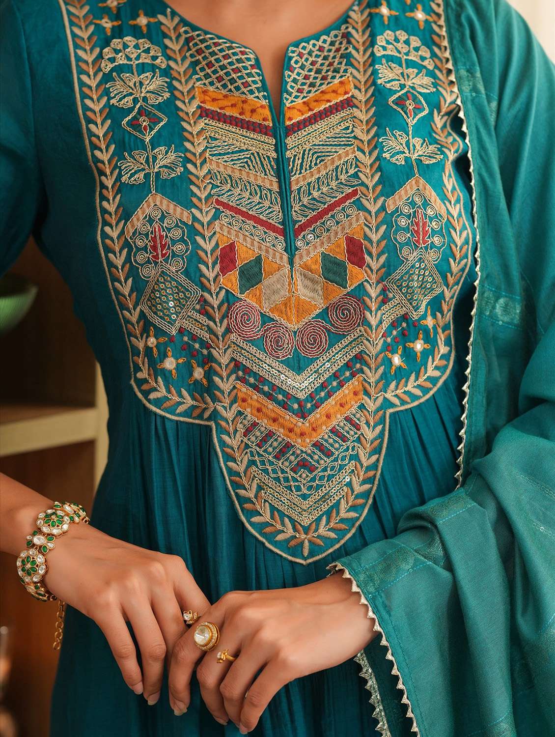 women solid with work three quarter sleeve kurta pant with dupatta set - 22072094 - Standard Image - 6