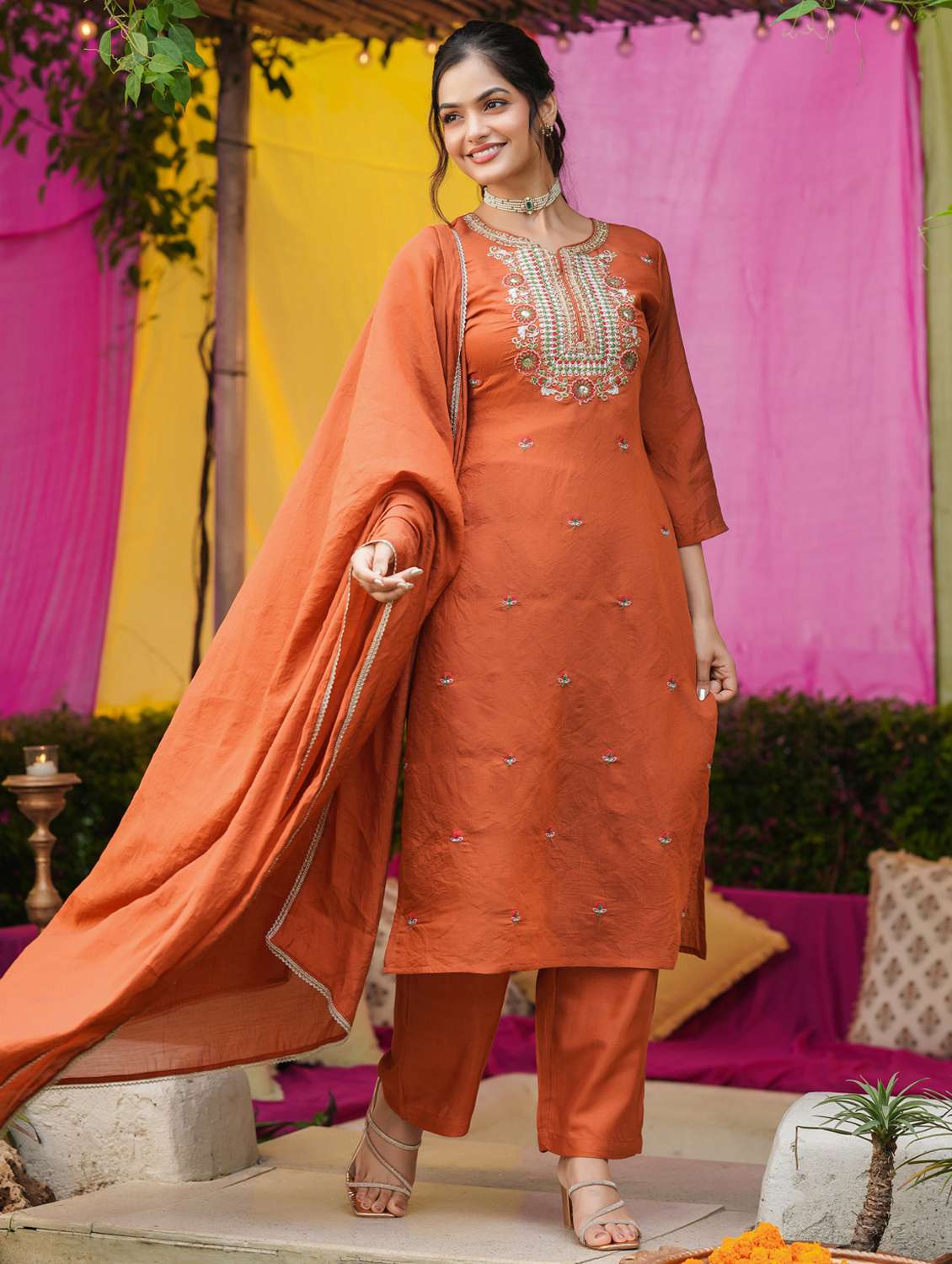 women solid with work three quarter sleeve kurta pant with dupatta set - 22072095 -  Standard Image - 1