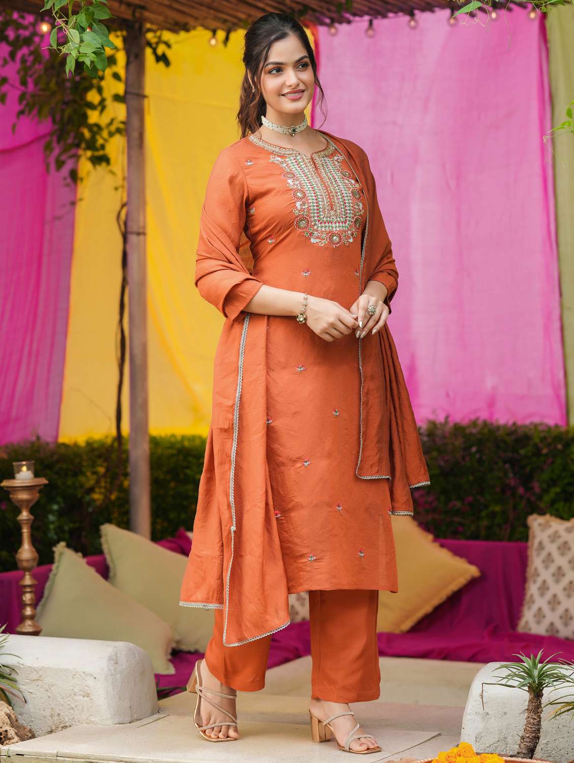 women solid with work three quarter sleeve kurta pant with dupatta set - 22072095 -  Standard Image - 4