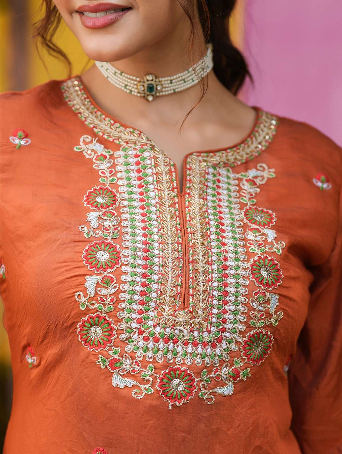 women solid with work three quarter sleeve kurta pant with dupatta set - 22072095 -  Standard Image - 6